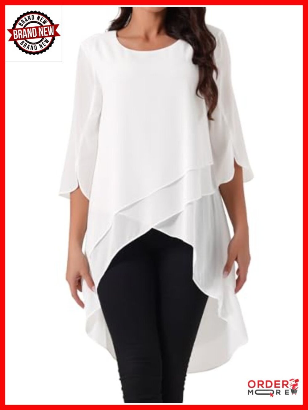 Scoop Neck Chiffon Blouse Asymmetrical High Low Top 3/4 Bell Sleeve Loose Fit
